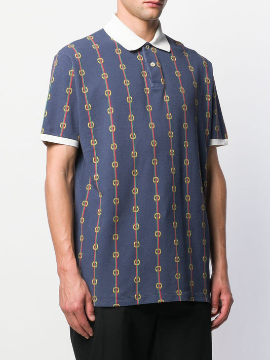 Gucci Horse-bit Chain Print Polo Shirt in Blue