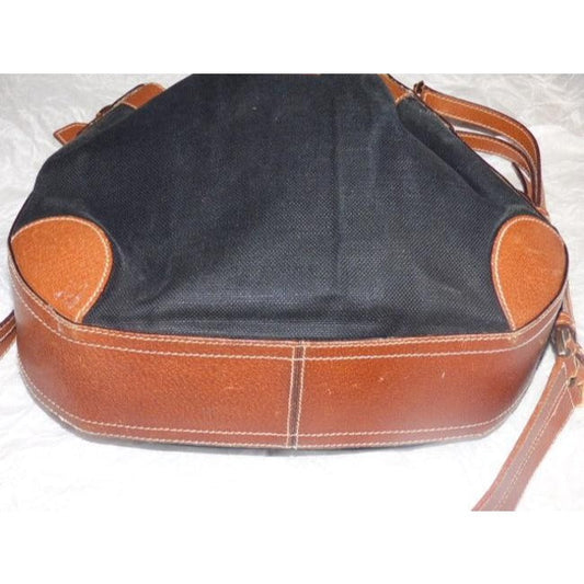 Gucci Black Linen And Camel Leather Bucket Bag With Equestrian Strap