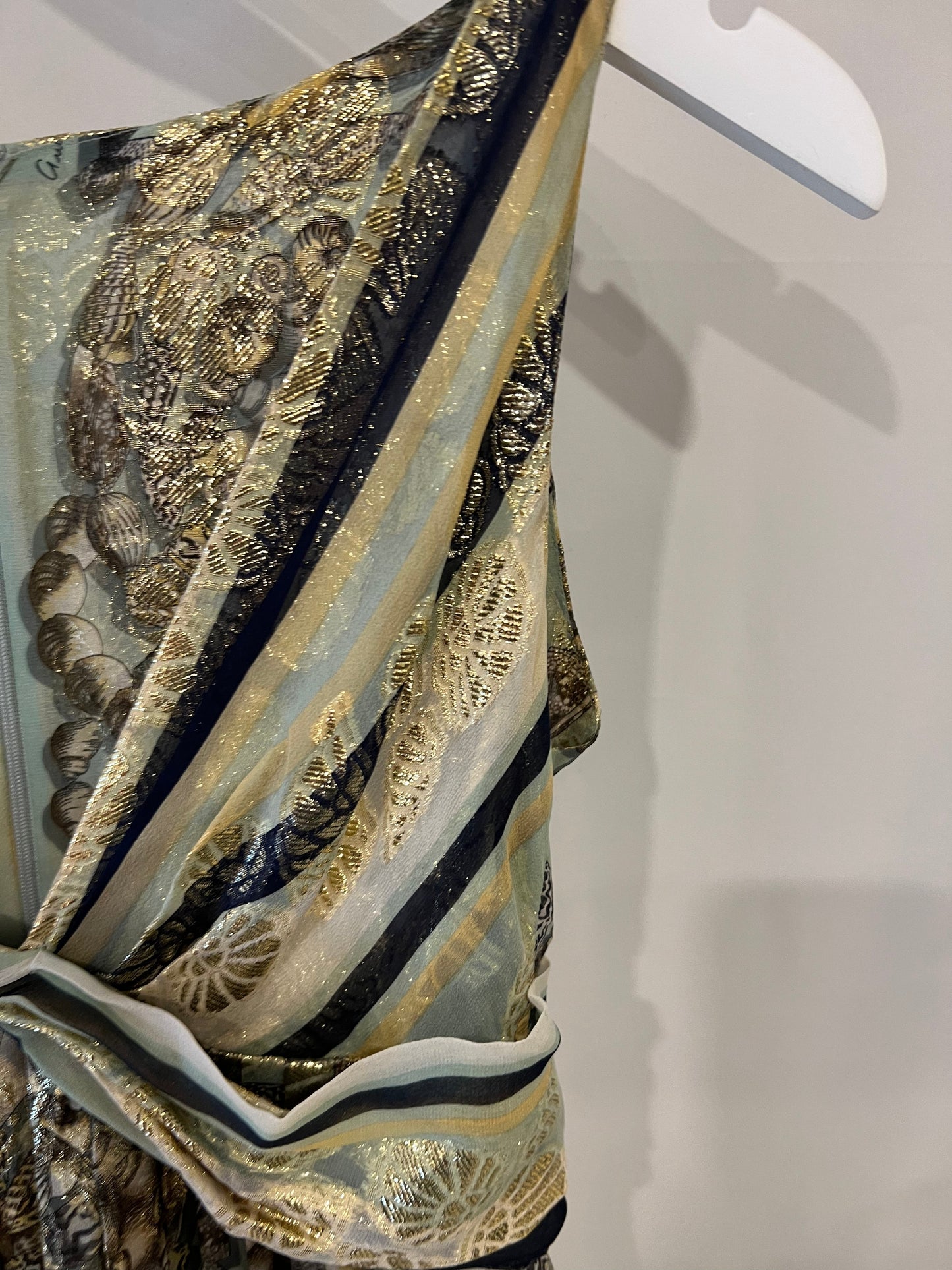 Gucci Pastel Green Printed Long Silk Dress with Gold Embellishments Size IT 38 (UK 6)