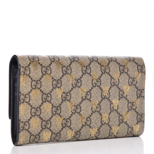Gucci GG Supreme Bees Flap Long Wallet in Beige