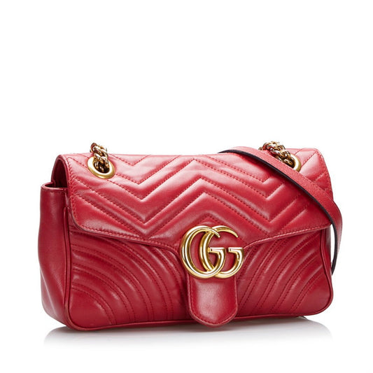 Gucci GG Marmont Double G Quilted Small Heart Chain Shoulder Bag?443497 Hibiscus Red Leather Ladies Gucci