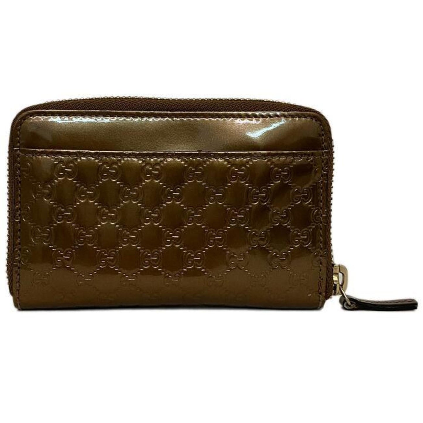 Gucci Coin Case Bronze Gold Micro Shima 256810 Patent Leather GUCCI Brown Purse Card Pocket GG Round