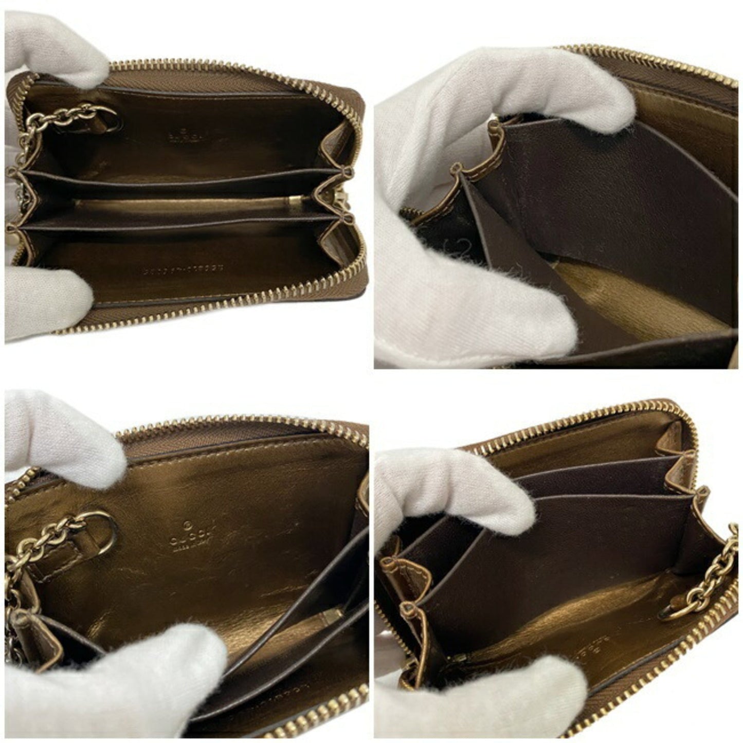 Gucci Coin Case Bronze Gold Micro Shima 256810 Patent Leather GUCCI Brown Purse Card Pocket GG Round