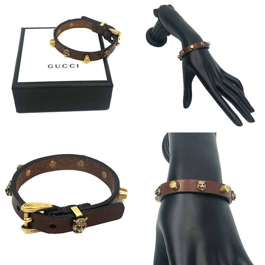 Gucci Cat Head Bracelet 501543 Leather Brown Gold Unisex