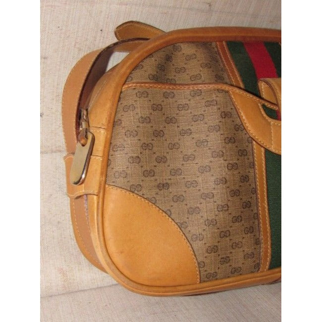 Gucci Gucci, unique, RARE, camel leather & brown small G logo, coated canvas, top zip, camera bag/bowler style, cross body