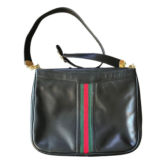 Gucci black leather hobo bag w Sherry stripe & horse-bit chain strap