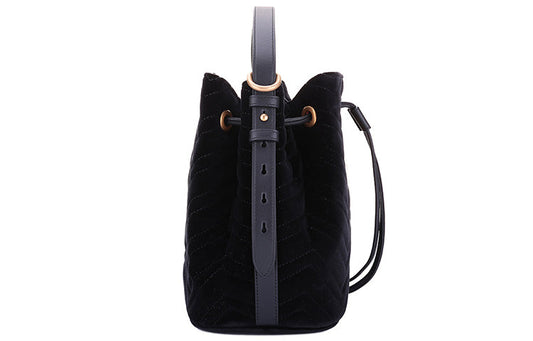 GUCCI GG Marmont Gold Label Logo Velvet Drawstring Bucket Bag Chain Handbag Black 525081-9FRDT-1000