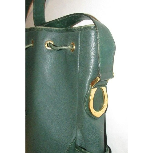 Gucci Horsebit Bucket Bag Xl Drawstring Accents Green W Gold Horseshoes Leather Satchel
