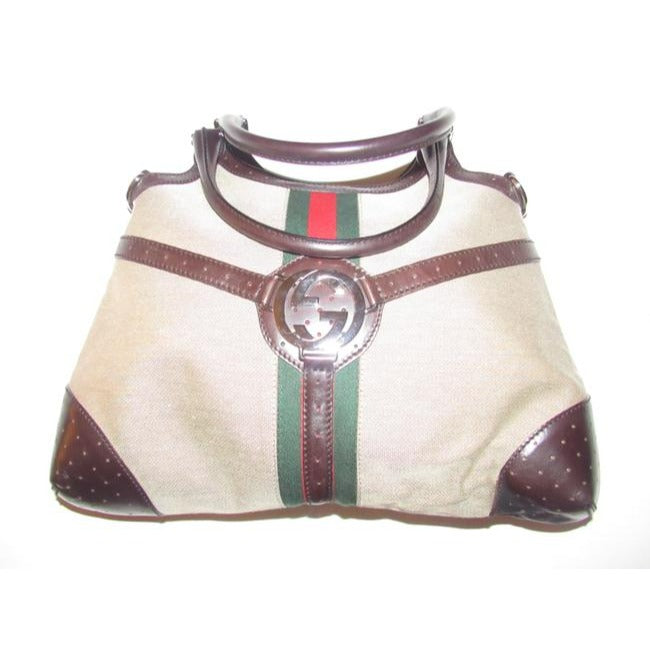 Gucci Britt Canvas And Two Strap Top Handle Equestrian Accents Brown Leather Hobo Bag