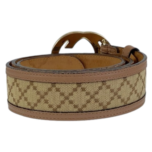 GUCCI belt 114876 Canvas, Leather Beige Brown Gold Metal Interlocking mens 34 Used