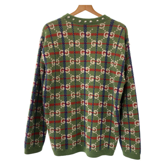 GUCCI knit 713571 XKCOZ Wool, Metal Multicolor SilverMetal Knit sweater Neck studs GG total pattern mens S Used
