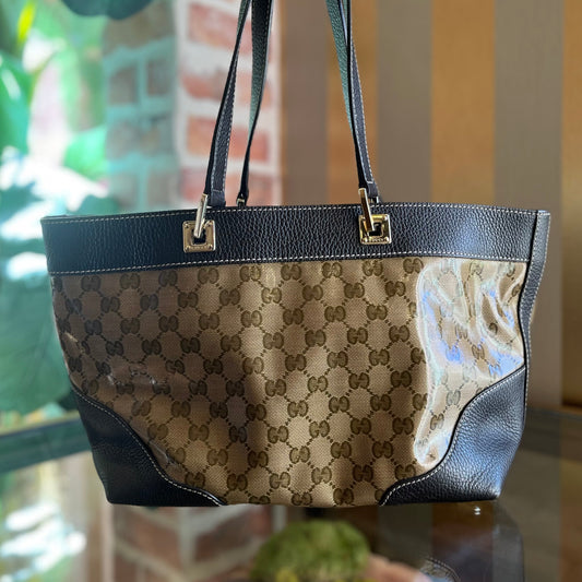 GUCCI Beige Brown GG Crystal Canvas Tote Bag