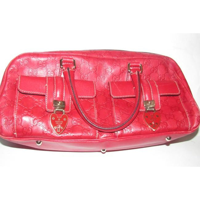 Gucci Joy Boston Bag Padlock Limited Edition Red Large G Logo Embossed Leather With Red Enamel
