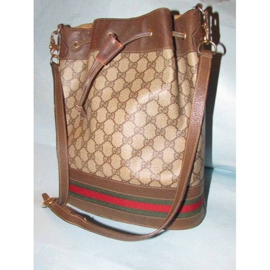 Gucci brown Guccissima print coated canvas & brown leather drawstring top Bucket Bag w red & green striped bottom