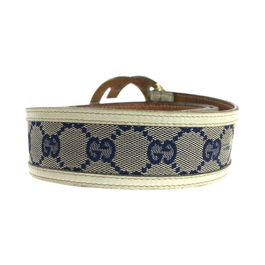 GUCCI belt 114876 GG canvas Beige Navy Ivory Gold Metal Interlocking