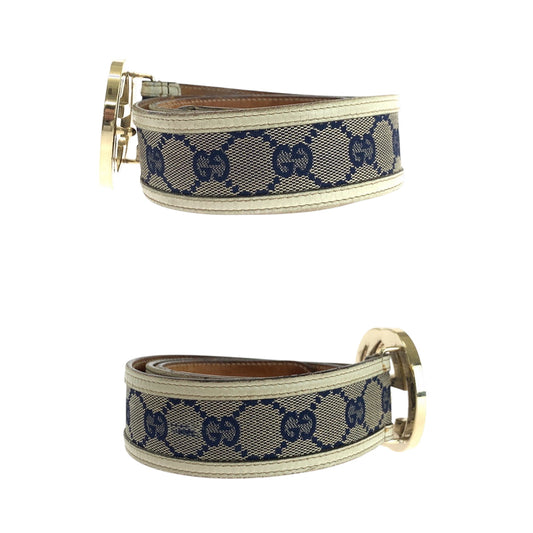 GUCCI belt 114876 GG canvas Beige Navy Ivory Gold Metal Interlocking