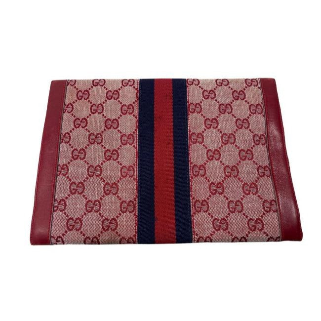 Gucci Guccissima Print Canvas & Red Leather Clutch/Portfolio With Center Blue/Red Stripe