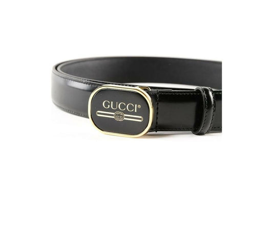 Gucci Leather Belt with Enamel Logo Buckle in Black