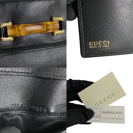 GUCCI Long Wallet Purse leather black Bamboo