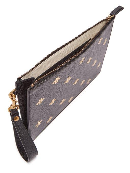Gucci Bee Print Grained Leather Pouch In Brown