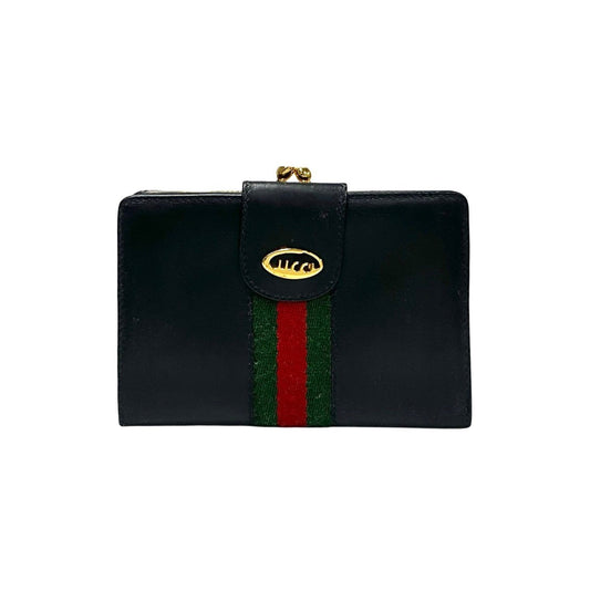 GUCCI Bifold Wallet leather black logo Metal Sherry line Women Used