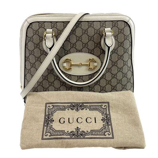 GUCCI GG Supreme 1955 Horsebit Medium Mystic White Top Handle Crossbody