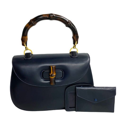 GUCCI Handbag Calfskin Navy Bamboo