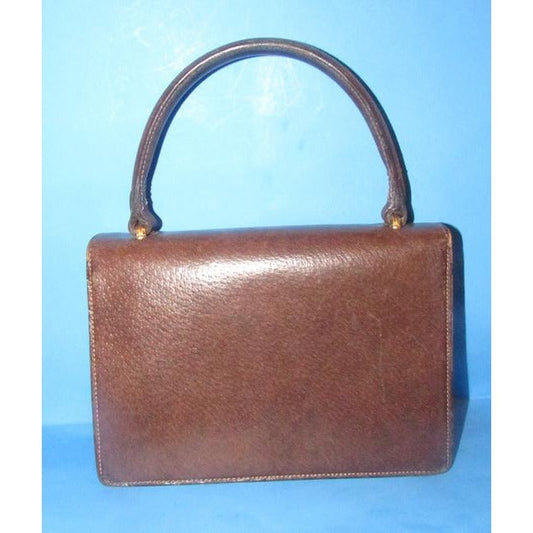 Gucci Bag Vintage Top Handle Purse Brown Leather With Contrast Stitching And Gold Accents Boar Skin