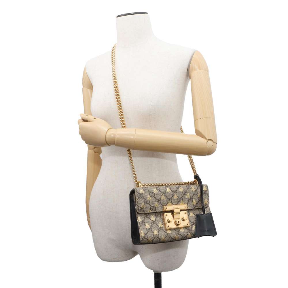 GUCCI GG Supreme Padlock ChainShoulder Bag Beige 409487 PVCLeather Size Small