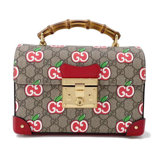 GUCCI GG Apple Bamboo 2way Bag Beige/Red 603221 GG SupremeCanvas