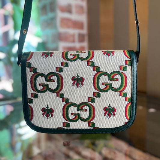 GUCCI 1955 Horsebit Small Green Ivory 100th Anniversary Cotton GG Floral Monogram Canvas Crossbody Bag