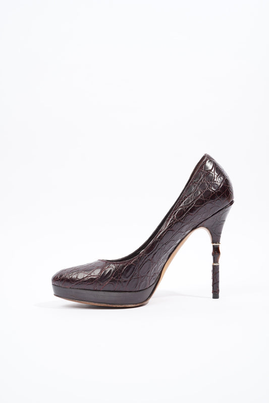 Gucci Bamboo Heel Pump Purple Embossed Leather EU 37 UK 4