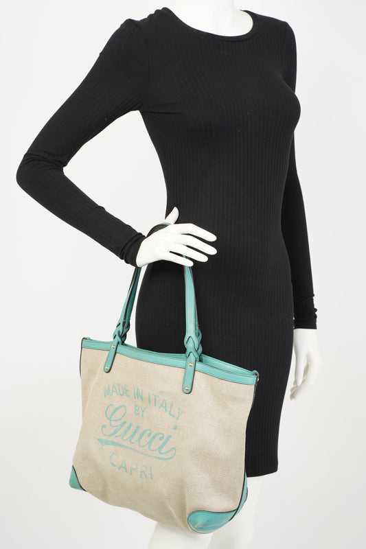 Gucci Capri Tote Bag Beige / Turquoise Canvas