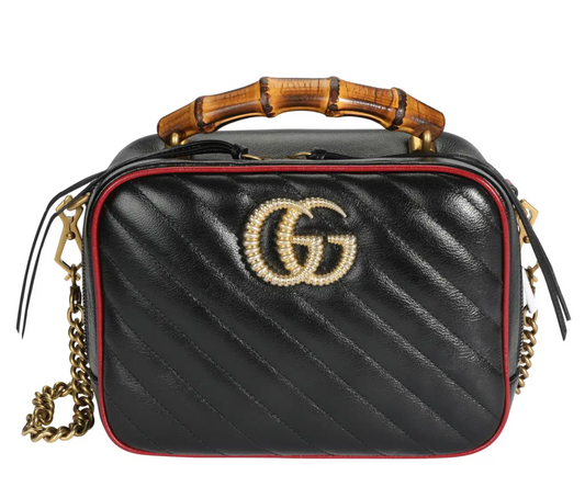 Gucci Black Matelassé Leather GG Marmont Bamboo Small Bag