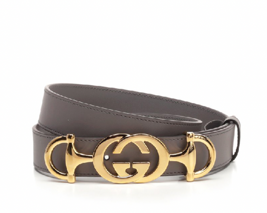 Gucci Leather Belt with Interlocking G Horse-bit Buckle in Gray