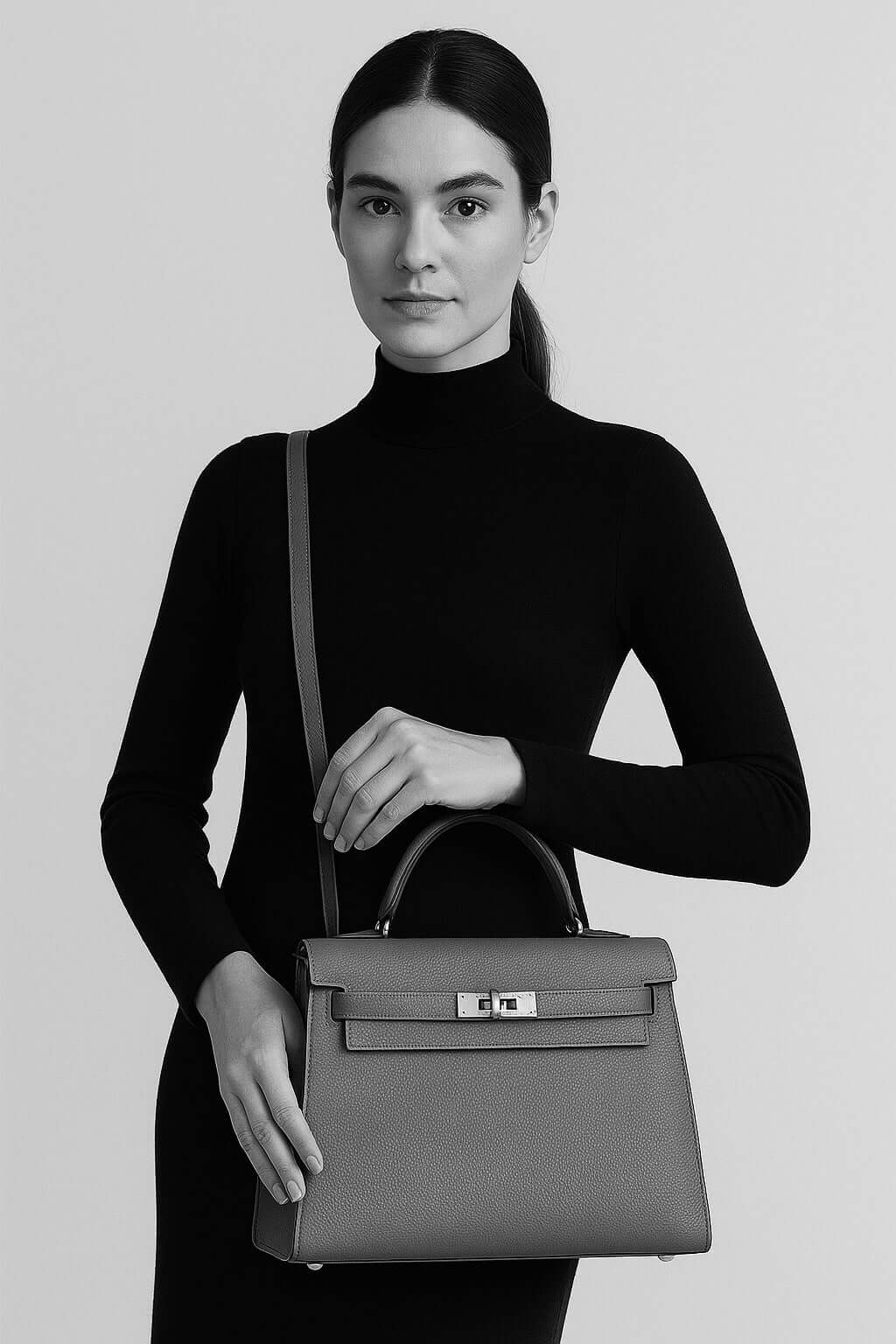 HERMES Kelly 25 Bag Epsom Leather Handbag (25,28) Black gold hardware