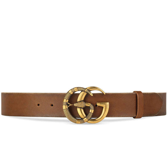 Gucci 458949 CVEOT 2535 Belt Brown Leather with Gold Double GG Snake Buckle (GGB1002)