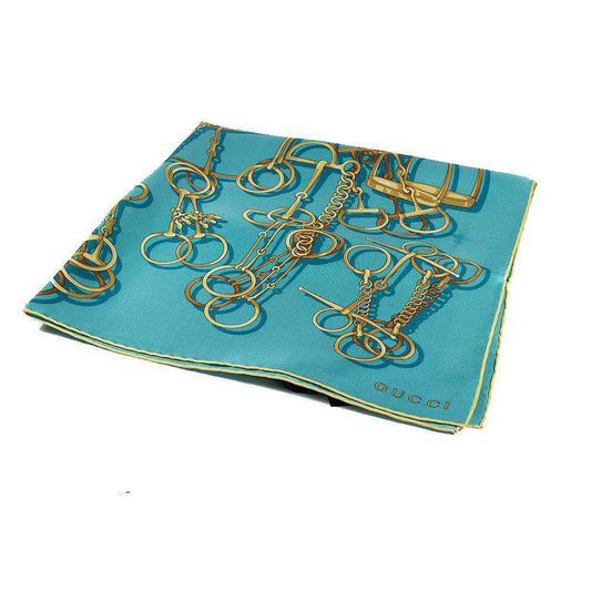 Gucci Cavalcata Silk Tilt Blue Turquoise Twill Horsebit Shawl (GGSH100)