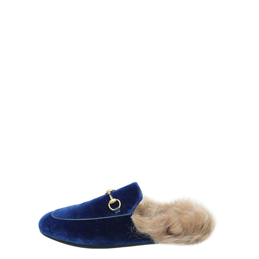 Gucci Blue Velvet Fur Princetown Mules 39.5