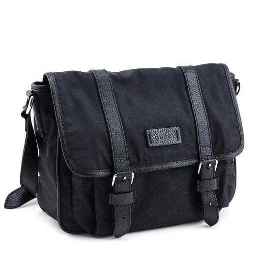 Gucci Black Nylon Monogram Double Buckle Small Messenger Bag