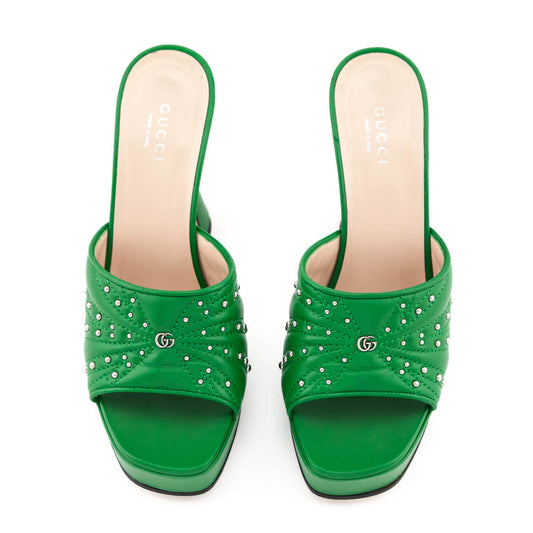Gucci Green Leather GG Studded Platform Slides Size US 7 | EU 37