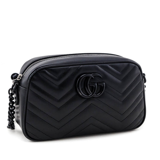 Gucci Black Calfskin Matelasse Small GG Marmont Chain Shoulder Bag