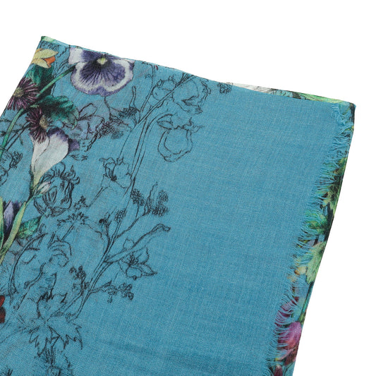 Gucci Blue Multicolor Flower Print Cashmere Shawl