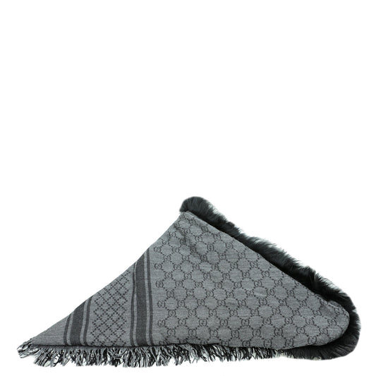 Gucci Black Wool Silk Fox Fur Monogram Shawl