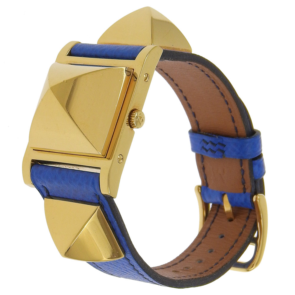 HERMES Watches Quartz Plated Gold, embossed leather gold Medor White dial