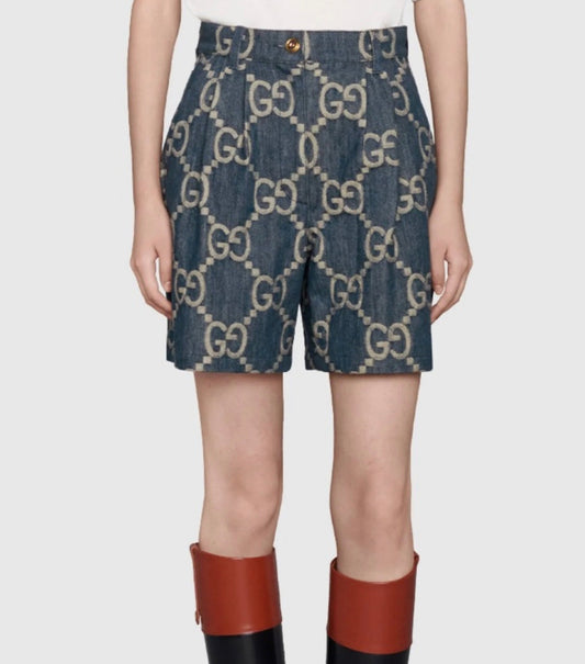 Gucci Aria Jumbo GG Denim Shorts with Ivory GG Pattern Sz 40 New with Tags