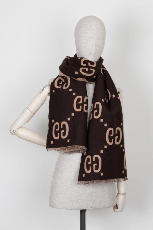 GUCCI Giant GG Reversible Scarf Brown Wool