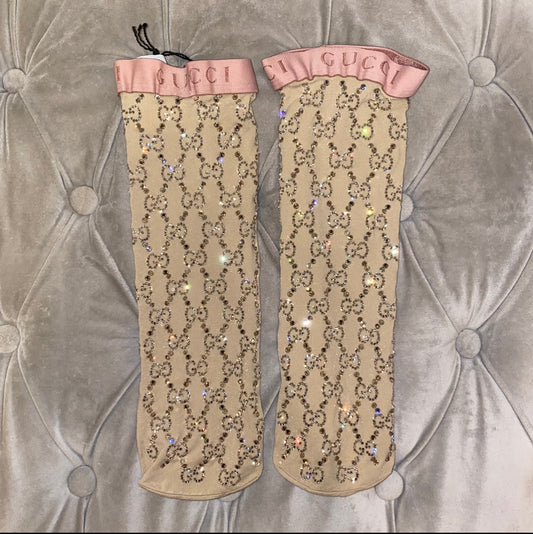 Gucci Crystal Embellished GG Socks in Beige