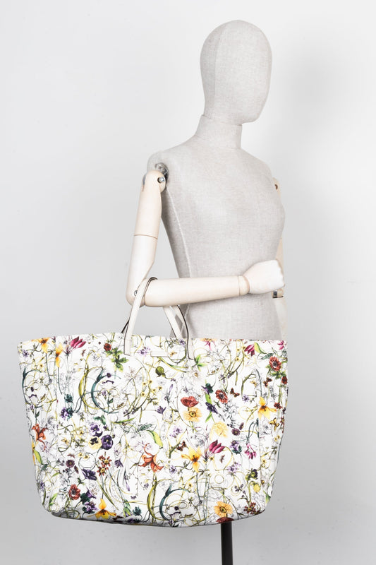 GUCCI Floral Canvas Tote Bag White