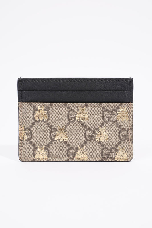 Gucci GG Supreme Bee Card Case Beige / Gold / Black Canvas